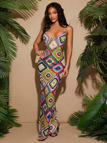 SHEIN SXY Plaża; Wiosna/Lato Muzyka Rock Festiwal Ulica Swobodny Western Wear Outfit Bohemia BOHO VACAY Kolor Imitacja Szydełka Nadruk Wysoka Elastyczność Dzianina Halters Długa Dopasowana Sukienka Spaghetti Paski, Stroje Wakacyjne Kobiety