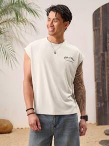 Manfinity VCAY Unisex Casual Knit Letter Print Loose Fit Sleeveless Tank Top, Suitable For Everyday Wear - Apricot - View 2