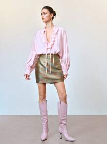 SHEIN LUNE 女式闪亮亮片裙性感可爱迷你裙，女式夏季，纹理面料，派对裙 - 金色 - 查看 4
