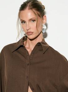 KIZN Oversized Button Down Collared Shirt Split Back Design Long Sleeve Blouse Office Wear Fall Winter Workwear Professional Business Casual Top