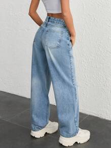 EURMUSE DAMEN HIGHWAIST GERADE ZERRISSENE AUSGEWASCHENE JEANS - Mittele Waschung - Übersicht 3