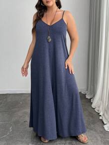 SHEIN LUNE Plus Size Women Spring/Summer Floral Jumpsuits, Casual Chinese Style Leisure Vacation Outfits Suitable For St. Patrick's Day, Easter, Party, Hanging Out, Spring/Summer - Dusty Blue - View 5