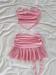 Soleia 2pcs Set: 3D Floral Tube Top & Mini Skirt, Minimalist & Fashionable Casual Everyday Beach Clothes Outfit, Wedding Season, Afternoon Tea, Music Festival - Baby Pink - View 2