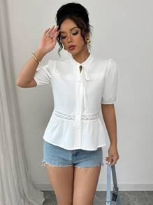 SHEIN Clasi New Summer Lace Patchwork Hollow Bow Short Sleeve Shirt - White - View 3