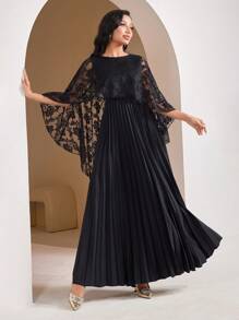 Veilorie Women's Solid Color Lace Patchwork Casual Mid-Length Dress - Black - View 1