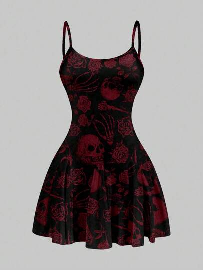 SHEIN SXY Casual Skull & Rose Pattern A-Line Mini Dress For Women, Suitable For Summer,Summer Dresses,Sun Dress Spring Clothes Cute Dresses For Women  Woman Dress Women Dresses Women Clothing Dresses,Summer Dresses For Women Chic Dress