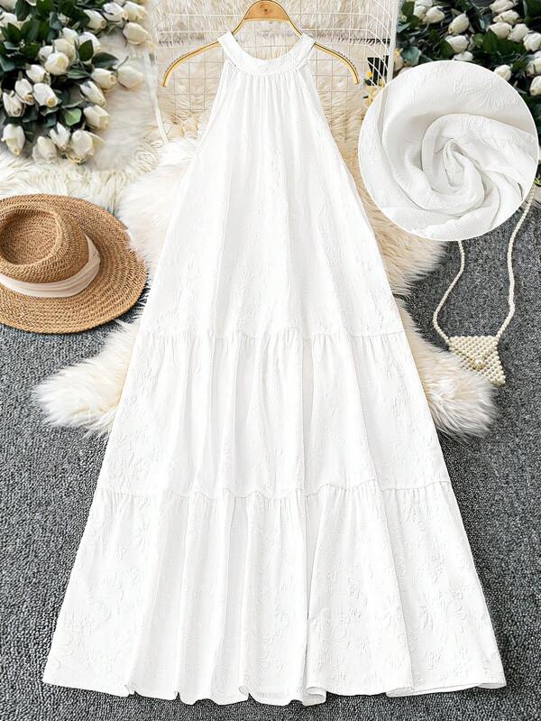 SHEIN LUNE Women's White Cotton Boho Dress: Plus Size Sleeveless Halter Tiered Maxi Dress, Textured Fabric