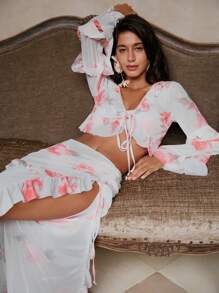 Anewsta Women's Ombre Bandeau Bikini Set With Coverup Long Sleeve Top And Skirt For Vacation, For Summer Beach Vacation - Multicolor - View 4