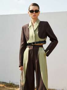 Aveloria Modichic 2pcs Women's Fashion Young Rebel Contrast Color Utility Cropped Jacket & Pants Suit Set