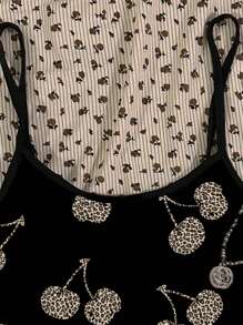 SHEIN EZwear Damskie swobodne, grunge'owe, retro, wzór w panterkę i wiśnie, seksowne rajstopy z szelkami, śliczny top z ramiączkami, odpowiedni na lato