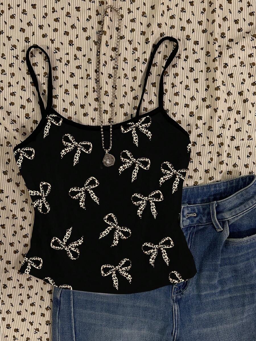 SHEIN Leap Crew 少女复古豹纹蝴蝶结，休闲简约可爱上衣，适合春夏季 - 彩色 - 查看 1