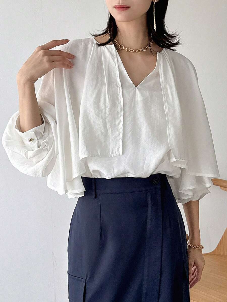 FRIFUL Women's Layered Puff Sleeve Loose Shirt,Ruffle Long Sleeve Top - Beige - View 1