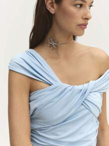 Nöista Cross Chest Top Ruched Off Shoulder Bardot, Perfect For Casual Outings! - Blue - View 3