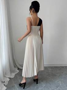 Elenzga Asymmetric Shoulder Pleated Color-Block Midi Dress, Unique Design - Apricot - View 2