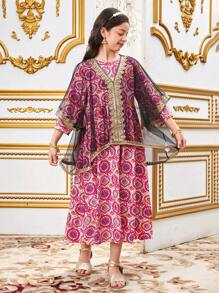 Tween 女童复古印花宽松连衣裙（配网眼罩衫）2 件套