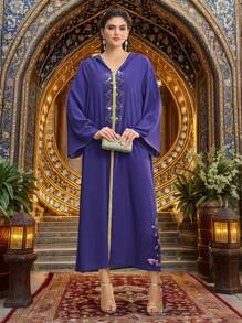 Al Najma 女士宽松长袖连帽拼接阿拉伯风格连衣裙 - 紫色 - 查看 1
