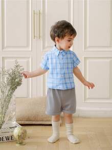 SHEIN Baby Boys Summer New Fashion Simple Plaid Lapel Short Sleeve Shirt With Open Front Placket, Casual Grey Shorts 2 Pieces Outfit, Gentleman Style Handsome Everyday Versatile Set - Blue - View 9