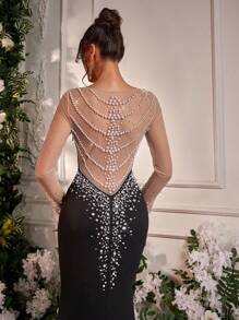 Glamrae Elegant Black V-Neck Long Sleeve Luxury 3D Rhinestone Handmade Beaded Sheer Mesh Backless Mermaid Tail Train Evening Gown,Party Dress,Formal,Wedding Guest