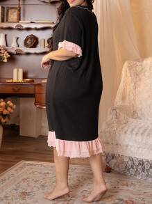 Côtesoire Plus Size Women's Contrast Color Mesh Patchwork Ruffle Hem Loose Night Dress