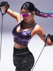 Innovista Women Activewear Foil Print Sports Bra, Faux Leather & Metallic Shine Gym Top, Hollow Out Abstract Print Breathable & Elastic Workout Outfits, Fitness Tank, Marbling Tie-Dye Print, Edgy &Unique Sleek & Lux Tracksuit, Music Festival, Party, Dance, Electric, Yoga, Mat, Pilates, Running, Cardio, Going Out, Athleisure,Strength, Weights,Purple,Y2K,Autumn Gear,Bikini,Bathing Suit,Autumn Fall Gear - Purple - View 5