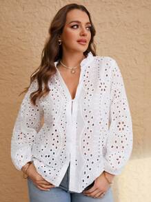 SHEIN Frenchy Talla grande Blusa con bordado con ojal de manga farol - Blanco - Ver 1