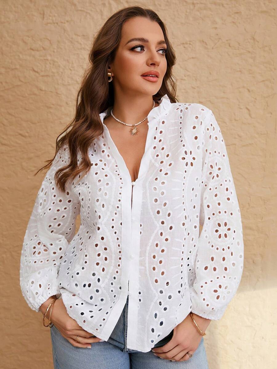 SHEIN Frenchy Talla grande Blusa con bordado con ojal de manga farol - Blanco - Ver 1