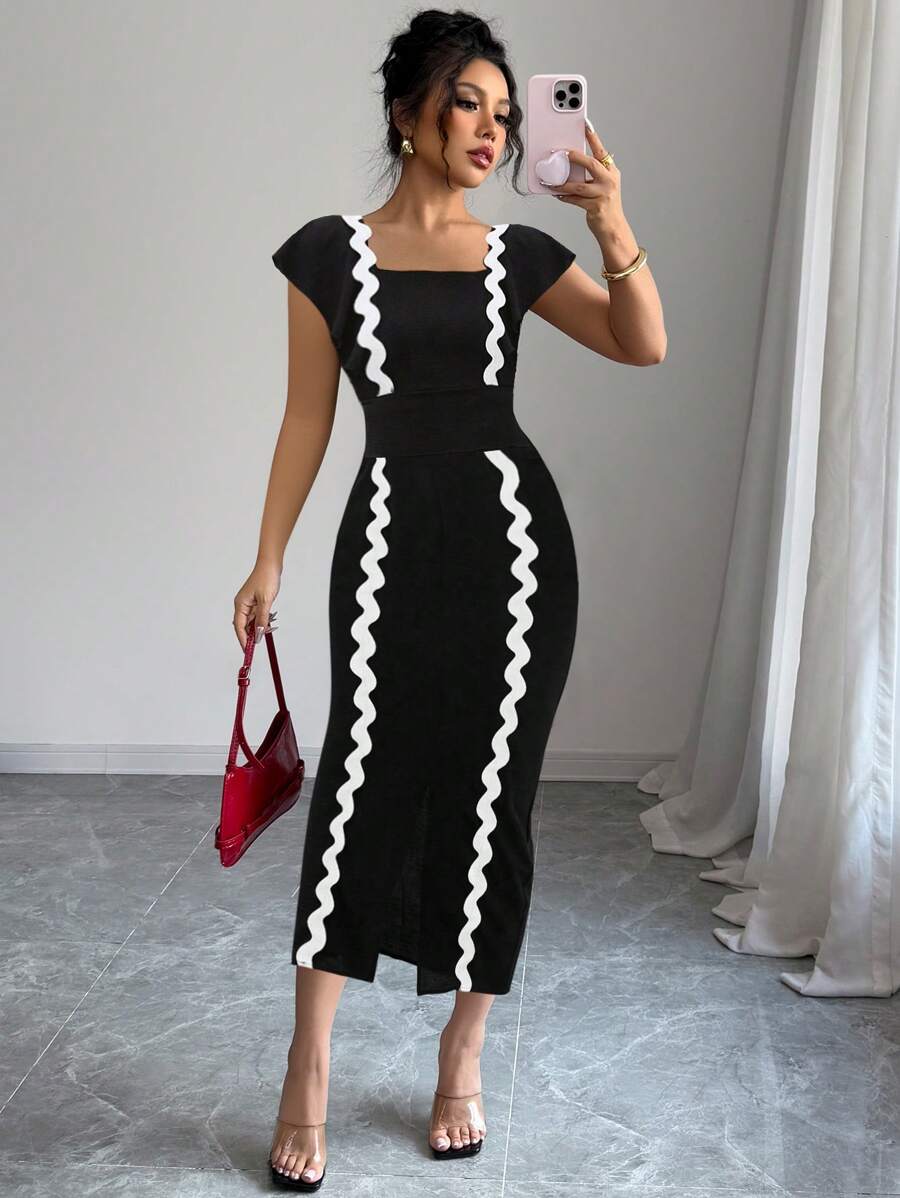 SHEIN Clasi 女式波浪下摆圆领短袖拼接连衣裙 - 黑色 - 查看 1