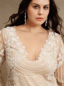 Anewsta Đầm dự tiệc tay dài đính sequin gợi cảm cỡ lớn cho nữ, trang phục xuân/hè - Màu be - Xem 3