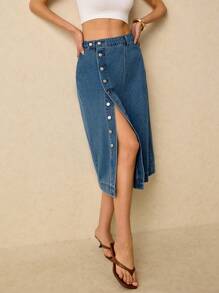 SHEIN Tall 宽松休闲高腰女式牛仔中裙，浅洗牛仔蓝，夏季牛仔裙，侧扣休闲牛仔裙，适合休闲外出 - 中等水洗藍 - 查看 5