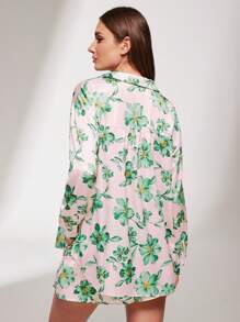 LUVLETTE Silky Satin Green Floral Print Button-Up Top & Shorts Loungewear Airy Women Pajama Set Pants With Pockets Lounge Sets For Women Lingerie