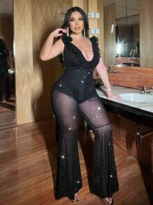 Flirla Plus Size Women Sequin Mesh Patch Frill Trim Sexy Jumpsuit - Black - View 4