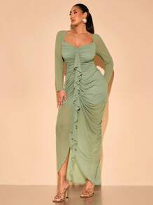 SHEIN BAE Vêtements printemps été grande taille Robe crayon élégante à manches longues avec épaulettes volanté en couleur unie pour femmes. Robe longue en maille rouge à volants plissés. Idéale pour le quotidien, les sorties romantiques et les vacances