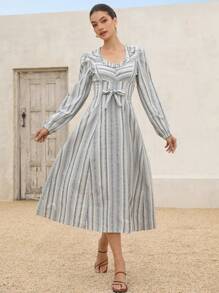 GENKIRA Light Grey,Autumn,Ellegant,Tea Party Vintage French Countryside Ruffle U-Neck Puff Sleeve Tie Waist Slim Butterfly Decor Striped A-Line Midi Dress - Multicolor - View 3