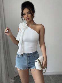 Chiquease Romantic Floral Print Bodysuit, Ruffle Trim White Elegant Bodysuit