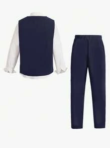 SHEIN 男童绅士两件套：前扣背心+长裤，不含衬衫，不含配饰，适合生日派对、晚宴、婚礼、洗礼、一周岁生日等正式场合。 - 藏蓝色 - 查看 2