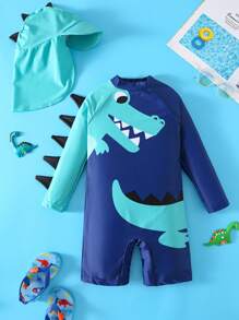 SHEIN Buy 1 Get 1 Free Swimwears, Young Boys Cute Cartoon Ocean Shark, Skateboard, Coconut Tree Design Swimwear & Matching Cap 2 Pieces Set, Suitable For Beach, Swimming, Surfing, Vacation, Spring & Summer - Multicolor - View 2