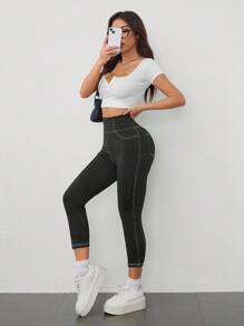 SHEIN EZwear Black Knit Yoga Sports Color Block Stitching 3/4 Leggings - Black - View 6