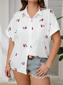 SHEIN Frenchy Áo sơ mi tay ngắn hở phía trước họa tiết quả anh đào Boho cỡ lớn, thường ngày, dành cho mùa hè - trắng - Xem 1