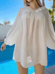 SHEIN Swim 女式 V 领海滩罩衫，适合春假、夏季节日，波西米亚风宽松编织纯色荷叶边长袖上衣 - 白色 - 查看 3
