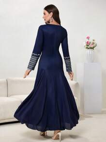 Modelyn Women's Long Retro Print Split Hem Dress - Navy Blue - View 2