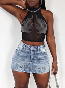 SHEIN Slayr Women's Pocketed Body-Hugging Casual Rhinestoned Denim Mini Skirt - Blue - View 3