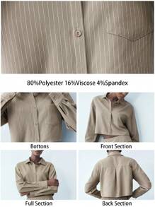 Maija 女士正面纽扣长袖口袋条纹简约上衣，节日 - 卡其色 - 查看 2