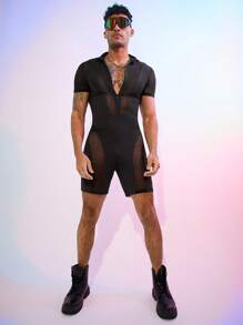 FeverCity Men's Mesh Splice Skinny Short Sleeve Jumpsuit With Suspenders - Black - View 2