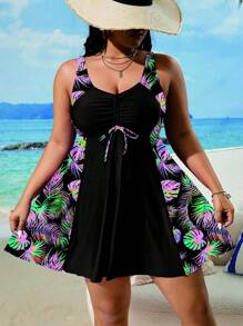 Swim Lushoire 大码女式 2 件套，随机印花 A 字长款泳衣和高腰短裤，时尚休闲度假泳衣套装 - 黑色 - 查看 4