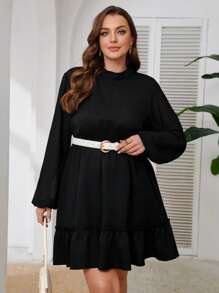 SHEIN Frenchy Plus Size Women's Tied Back Waist Patchwork Fabric Casual Black Dress - Black - View 5