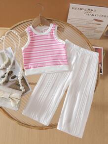 BABY GIRL 纹理粉色条纹短款上衣和闪亮褶皱阔腿裤套装，休闲夏季服装 - 粉色 - 查看 1