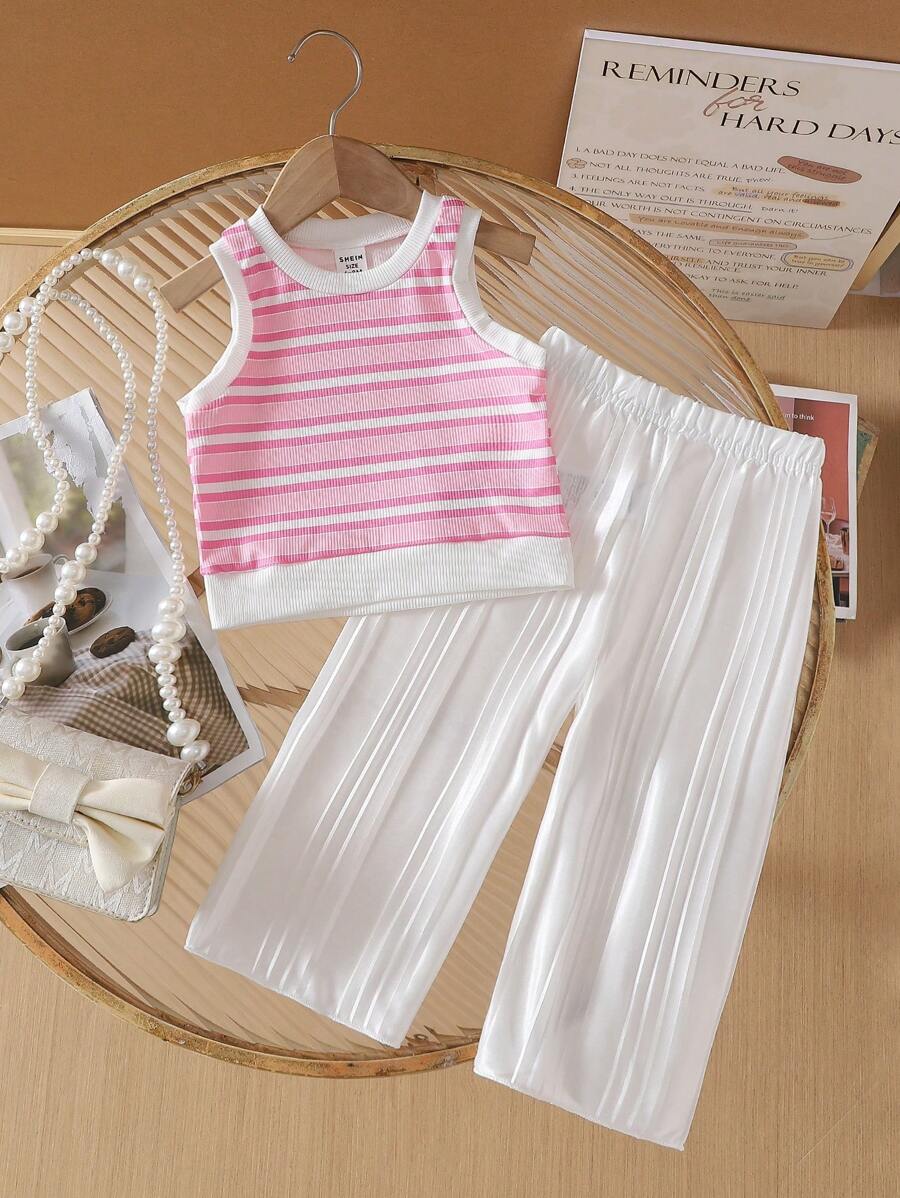 BABY GIRL 纹理粉色条纹短款上衣和闪亮褶皱阔腿裤套装，休闲夏季服装 - 粉色 - 查看 1