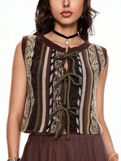 Hippie كنزة صوفية نسائية مخططة بنمط ريترو على طراز الهيبيز مع ربطة أمامية