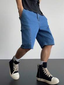 Manfinity EMRG 男士纯色多口袋简约休闲牛仔短裤 - 藍色 - 查看 1