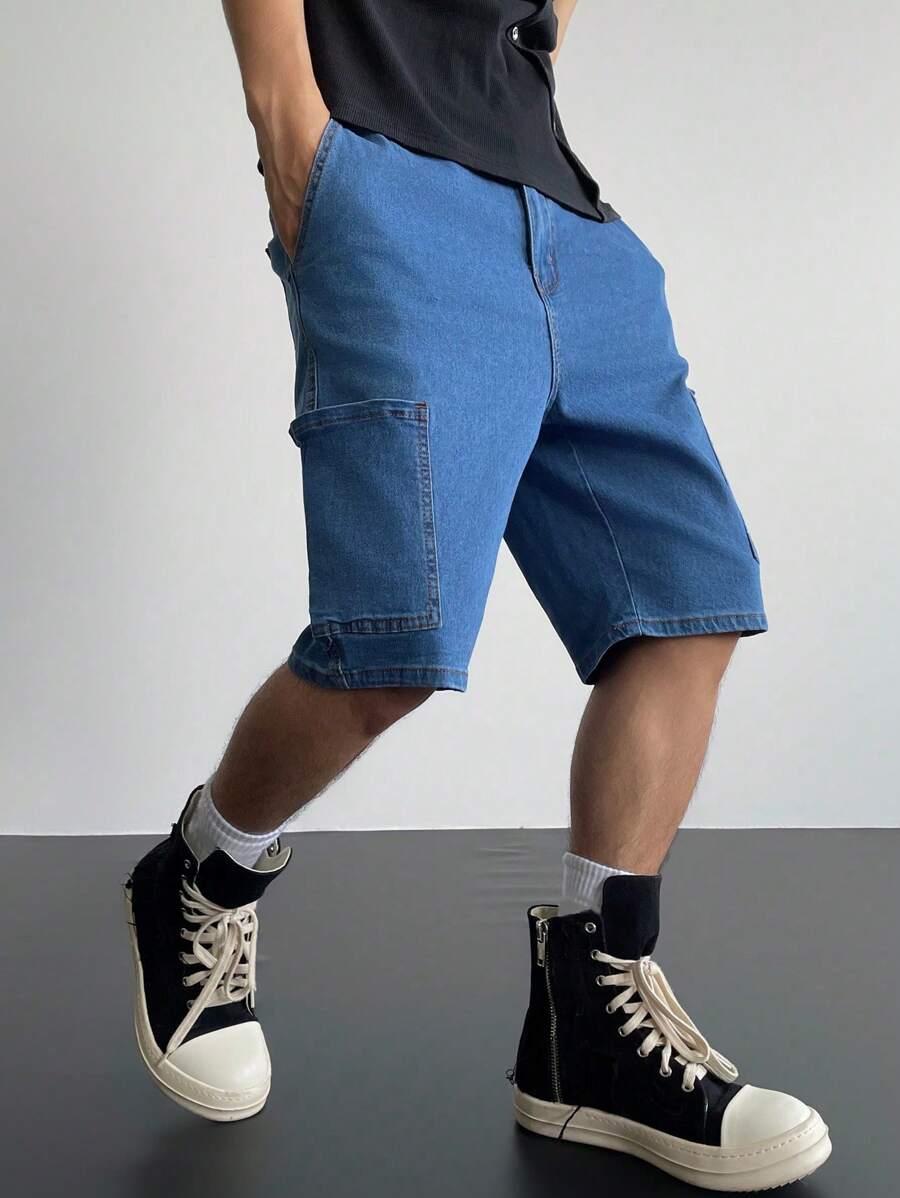 Manfinity EMRG 男士纯色多口袋简约休闲牛仔短裤 - 藍色 - 查看 1